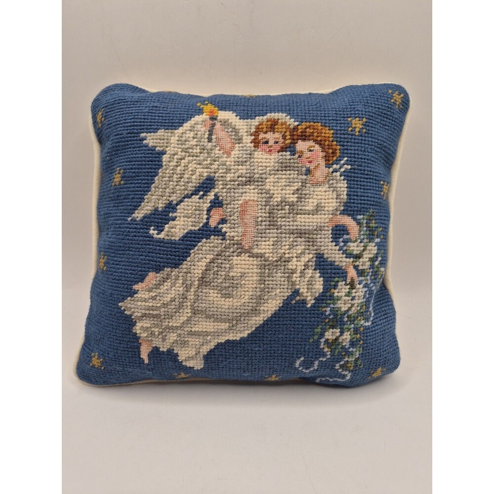 Vtg Needlepoint Wool Christmas Pillow 10”x 10” Handmade Angel&Cherub Velvet Back